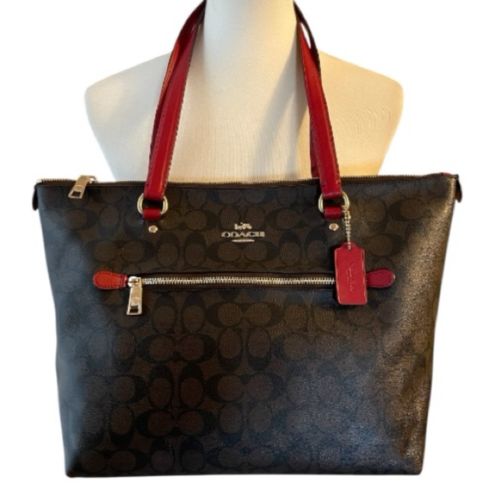 Coach Brown Signature Tote with Red Handles